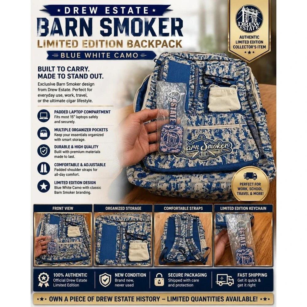 Drew Estate Barn Smoker Limited Edition Backpack Blue White Camo Laptop Bag New